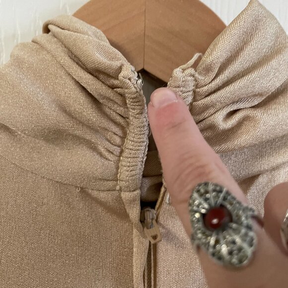 Vintage 70s Metallic Gold Check High Neck Cowl Modest Long Sleeve Gown - Picture 14 of 16